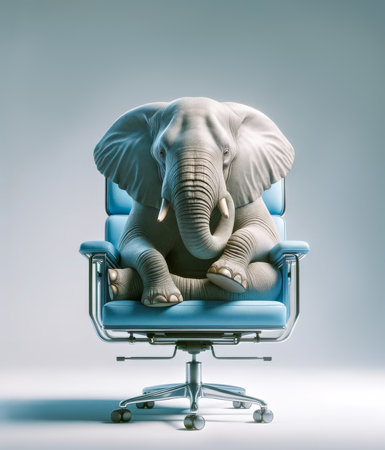 Elephant Seated on Sky Blue Modern Chair Facing Forwardの素材