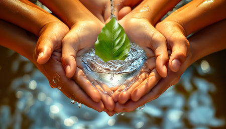 Diverse Hands Holding a Sphere of Water Encasing a Green Leaf.の素材