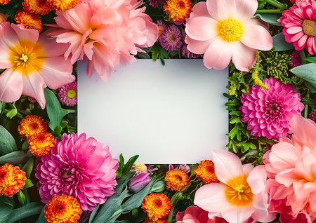 Vibrant Floral Frame with Blank Space. Greeting card with flowers.の素材