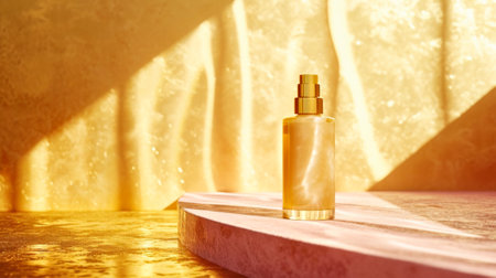 Luxury Golden Cosmetic Spray Bottle on Textured Yellow Background. Cosmetic bottle on stone podium. Presentanion of organic SPA cosmetic product.の素材
