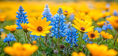 Blue Lupines Amongst Yellow Daisy Wildflowers. summer meadowの素材