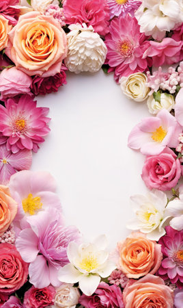 Beautiful frame from flowers on white background. Floral greeting card for Valentine's day, Women's day, Wedding, Birthday or Mother's day.の素材
