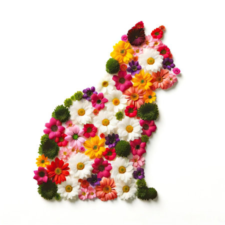 Floral Silhouette Cat Composed of Colorful Flowers on White Background - Creative Nature Conceptの素材