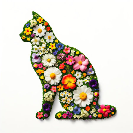 Floral Silhouette Cat Composed of Colorful Flowers on White Background - Creative Nature Conceptの素材