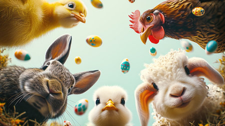 Easter Gathering: Duckling, Hen, Bunny, Chick, and Lamb with Decorated Eggs in a Whimsical Setting.の素材