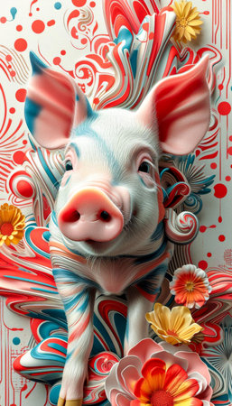 A cheerful piglet stands surrounded by vibrant, abstract floral designs and flowers. Greeting card for celebrating National pig day.の素材