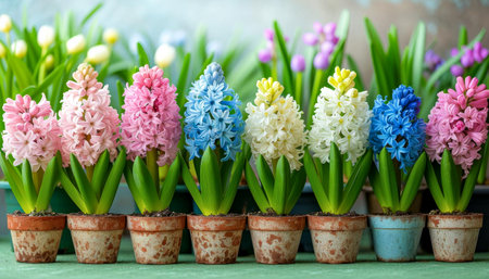 Colorful Hyacinths Blooming in Potsの素材