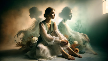 Contemplative Young Woman with Multiple Reflections. Mental health, disorder and mental problemsの素材