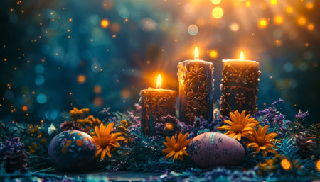 Decorated Pagan Altar with Painted Eggs and Lit Candles for Spring Equinoxの素材