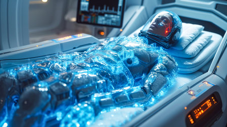 A person figure in cryogenic recovery on a high-tech medical bedの素材