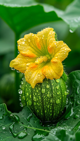 Fresh Zucchini with Blossoms in Garden After Rainの素材