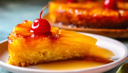 Traditional Pineapple Upside-Down Cake.Dessert featuring caramelized pineapples and cherriesの素材