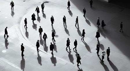 A dynamic abstract composition of moving figures and their contrasting shadows cast on a bright surface.の素材