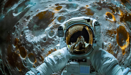 Close-Up of Astronaut with Moon Reflection in Helmetの素材