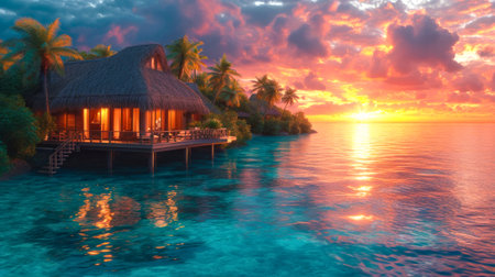 Sunset View of Overwater Bungalow in Tropicsの素材