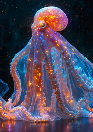 Enchanted Glittering Octopus on City Backdropの素材