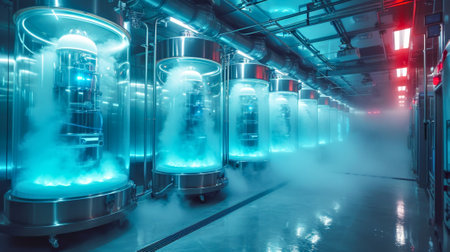 A row of high-tech cryogenic chambers emitting vapor in a cryopreservation lab. Cryogenic Chambers for freezing bodies.の素材