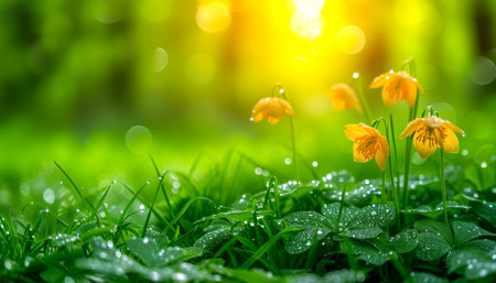 Golden Fritillaria blooms glisten with morning dew in sunlightの素材