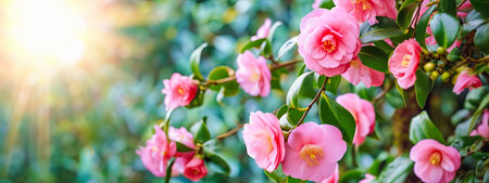 Pink Camellia Blooms in Lush Foliageの素材