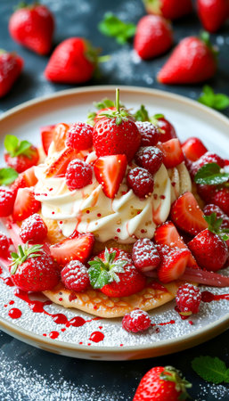 Summer sweet dessert with pancakes and strawberriesの素材