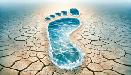 Conceptual Footprint Filled with Ocean Water on Cracked Earth Surfaceの素材