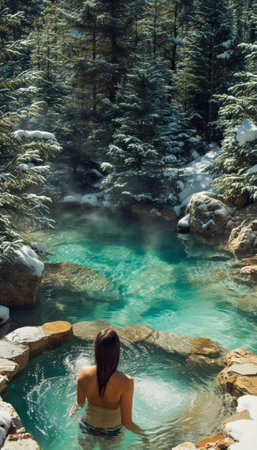 Woman in a thermal pool overlooking a Winter Pine Forest. Hot Spring Pool in spa Alaskan wilderness.の素材