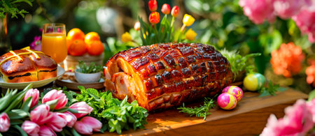 Festive Easter Brunch Spread with Glazed Ham, easter eggs, salads, assorted appetizers and spring flowersの素材