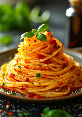 Spaghetti Stack with Tomato Chunks and Basil on Dark Backgroundの素材