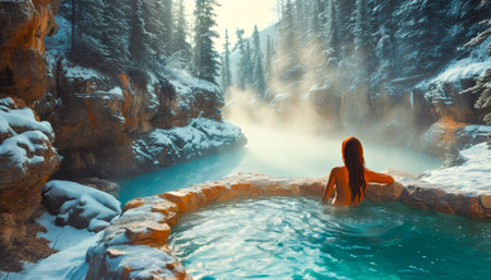 Woman in a thermal pool overlooking a Winter Pine Forest. Hot Spring Pool in spa Alaskan wilderness.の素材