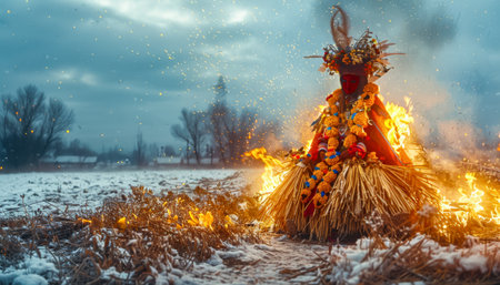Traditional Slavic Ritual of Burning Marzanna Effigy to Celebrate Spring Equinoxの素材