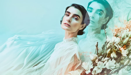 Dreamy Double Exposure Portrait of Woman with Floral Elements, evoking themes of growth, fragility, and the complex layers of personality and mental healthの素材