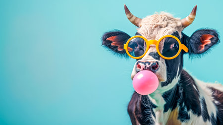 Stylish Cow with Sunglasses and Bubble Gum on Teal Backgroundの素材