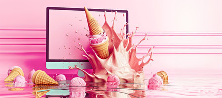 Digital Art Concept with Ice Cream and Monitor Splashの素材