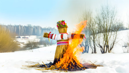 Traditional Slavic Ritual of Burning Marzanna Effigy to Celebrate Spring Equinoxの素材