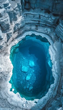 Aerial View of a Deep Blue Ice Hole in a Snowy Arctic Landscape.の素材