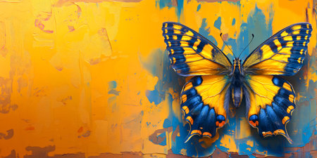 A butterfly sits on the wall with colorful paint brush strokes.の素材