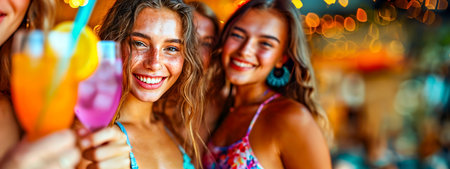 Smiling women in sunglasses holding summer cocktails, cheers to camera.の素材