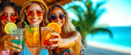 Smiling women in sunglasses holding summer cocktails, cheers to camera.の素材