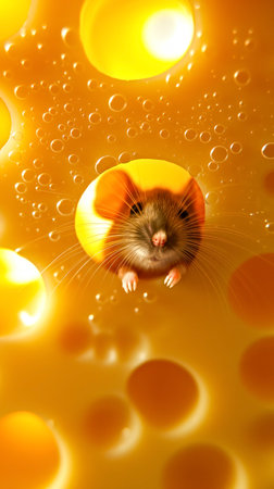 A small mouse is looking out of a hole in a piece of cheeseの素材