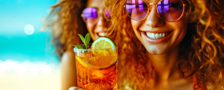 Smiling women in sunglasses holding summer cocktails, cheers to camera.の素材