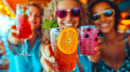 Smiling women in sunglasses holding summer cocktails, cheers to camera.の素材