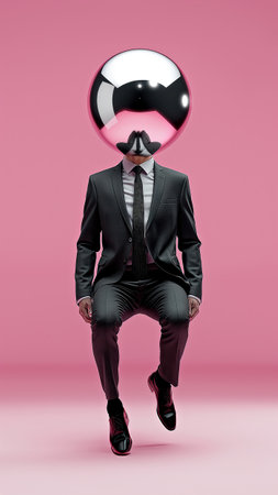 Surreal Businessman with Mirror Head in Black Suit Floating Against Pinkの素材