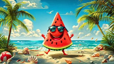 Smiling Watermelon Mascot Relaxing on a Tropical Beach Vacation with Sunglasses and Palm Treesの素材