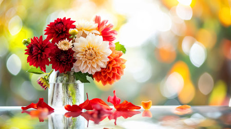 Vibrant Autumn Flower Bouquet in Metal Vase with Fallen Petals and Bokeh Backgroundの素材