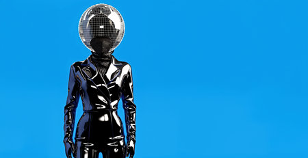 Futuristic Disco Ball Headed Figure in Black Latex Suit on Vibrant Blueの素材