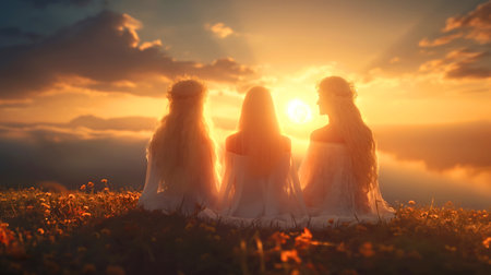 Three Young Women Meditating in the Sunset on a Flower Meadow, Peaceful Sceneryの素材