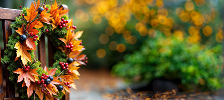 Autumn Harvest Wreath with Colorful Leaves and Berries on Rustic Wooden Chairの素材
