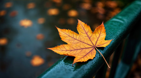 Vibrant Autumn Leaf on Wet Bench Capturing Seasonal Beauty and Tranquilityの素材