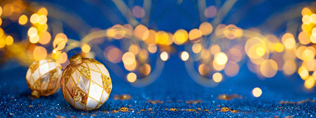 Gold Christmas Baubles on Blue Glitter Background with Lightsの写真素材