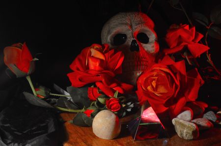 Skull and red rosesの写真素材